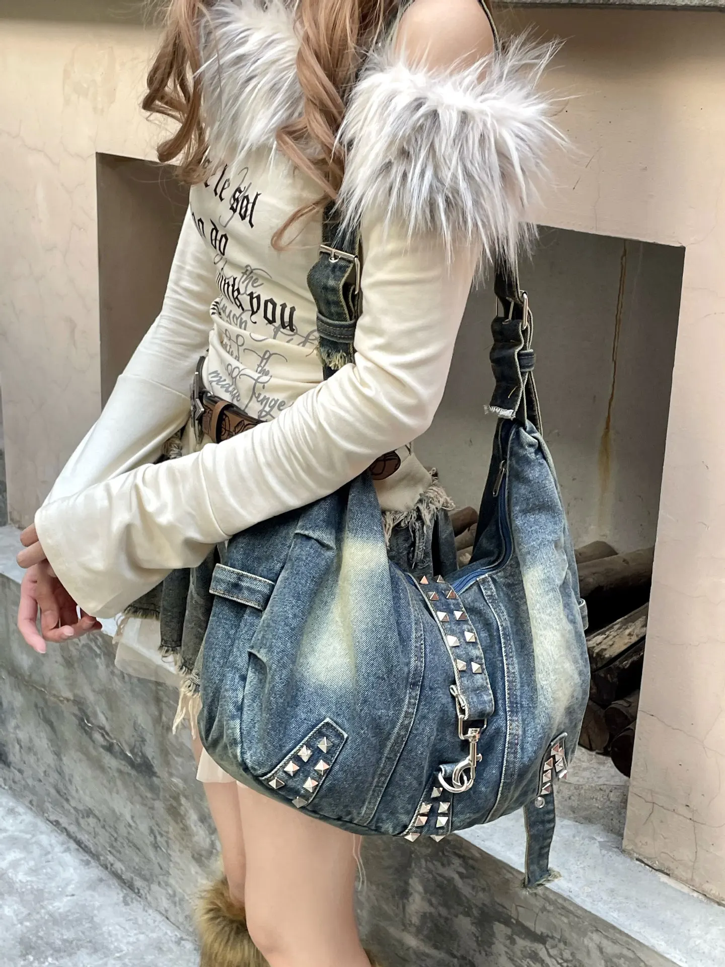 Women Bags Jeans - Washed Denim rivet Shoulder Bag for