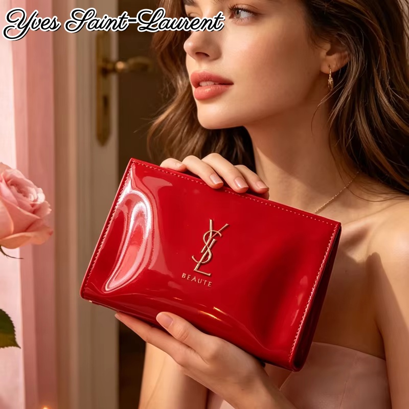 Women Bags Ysl - YSL Red Patent Leather Zipper Cosmetic
