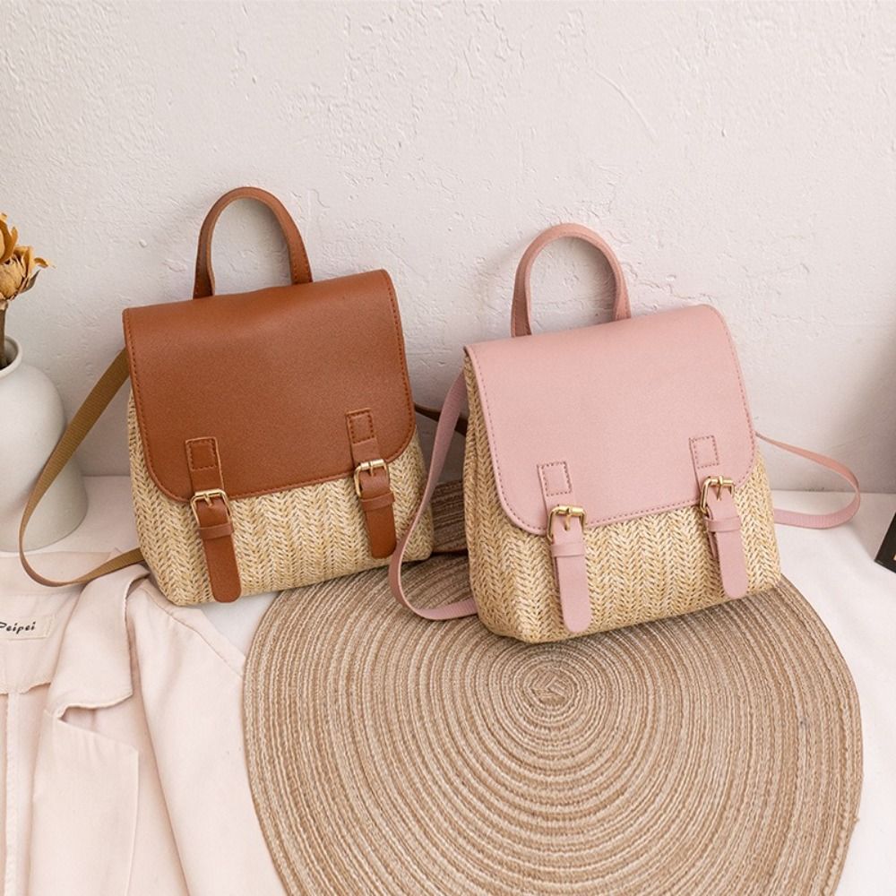 Woven Straw Bag - Fashion PU Leather Straw Backpack Retro